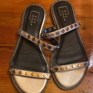 ShuShop Women's Black and Gold Studded Sandals